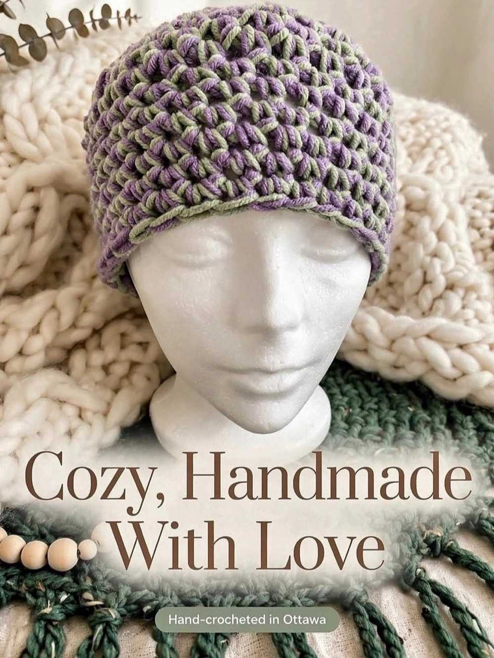 Handmade Crochet Beanie in Purple & Green